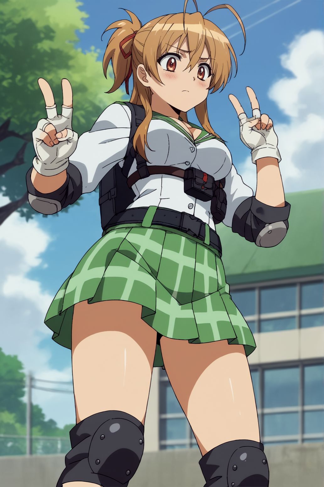 score_9, score_8_up, score_7_up,anime_source, source_anime, best background, detailed background, anime screencap,  Rei, cleavage, school uniform, solo, blush, v fingers, victory fingers, dynamic camera, dynamic angle, from below, elbow pads, knee pads, fingerless gloves, white gloves outdoors,  <lora:JN_Rei_Miyamoto:0.8>