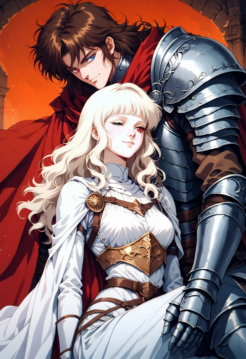 (score_9, score_8_up), score_7_up, 1girl, long hair, breasts, smile, short hair, bangs, blue eyes, multiple girls, blonde hair, brown hair, red eyes, 1boy, jewelry, sitting,closed eyes, white hair, blunt bangs, cape, armor, heterochromia, wavy hair, shoulder armor, pale skin, pauldrons, colored eyelashes, red cape, albino, knight, full armor, retro
 <lora:nostalgia-000011:0.9>
