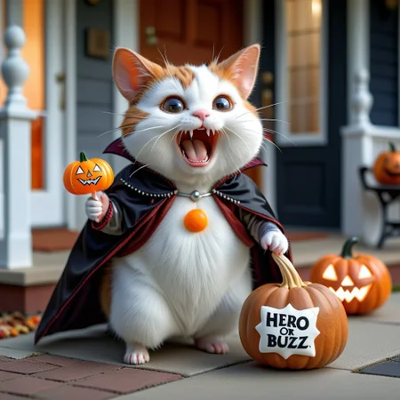 Ultra realistic. white grey brown happy cat with a vampire costume, a small hamster with hero costume, a orange cat on a princess costume carring a carved pumpkin with candies, walking on a suburban street, trick or treating houses, midnight light, on a porch house, yelling "Trick or Buzz" text in white letters inside a text balloon