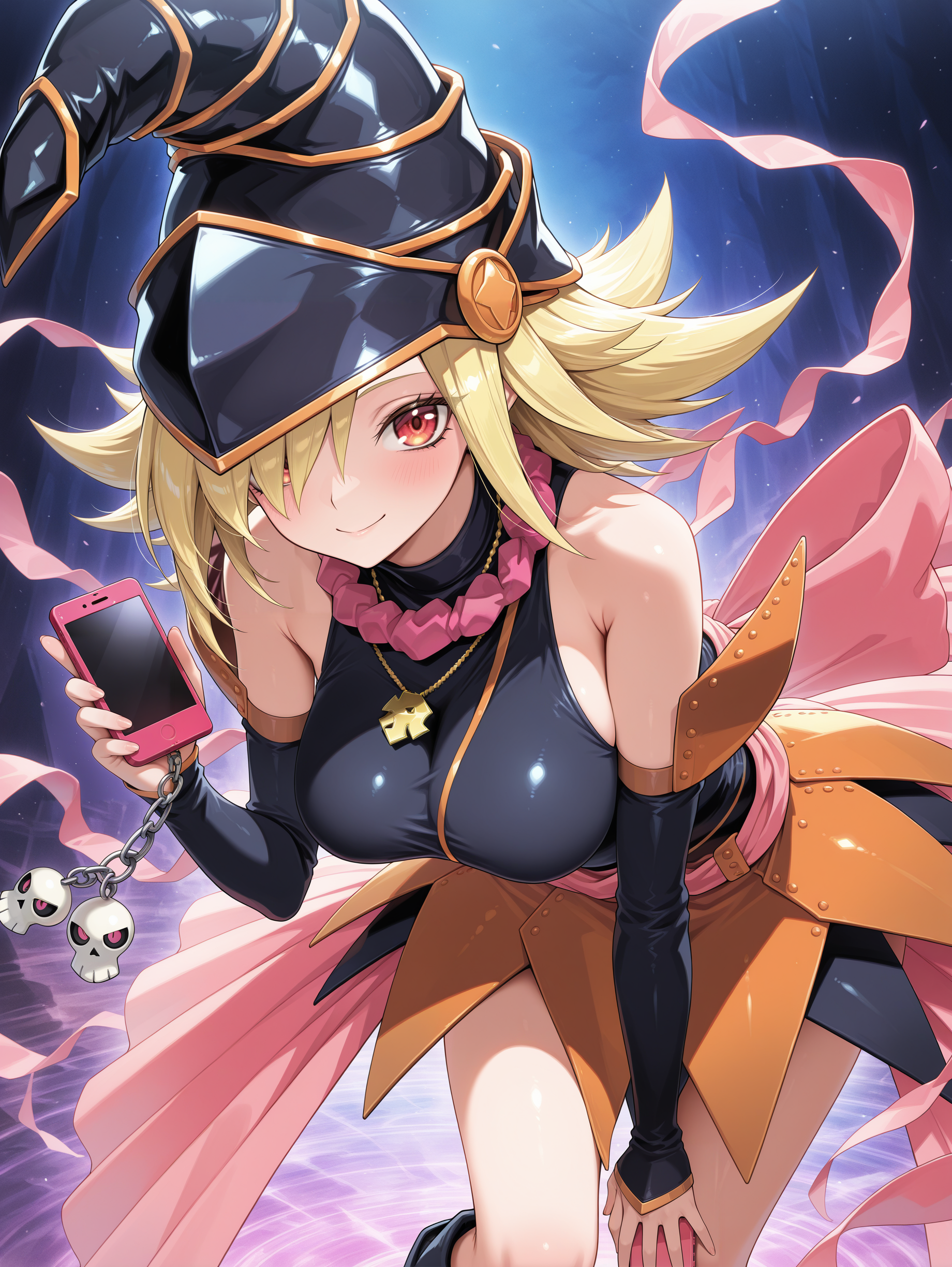 gagaga girl,1girl,solo,smile,hair over one eye,looking at viewer,large breasts,medium breasts,smartphone,black skirt,black wizard hat,black leotard,black detached sleeves,pink ribbon,pink necklace,holding smartphone,leaning forward,black knee boots,gold necklace,skull cellphone charm,
masterpiece,best quality,amazing quality,very aesthetic,absurdres,newest,<lora:Gagaga girl illuXL v1.2:0.74>,