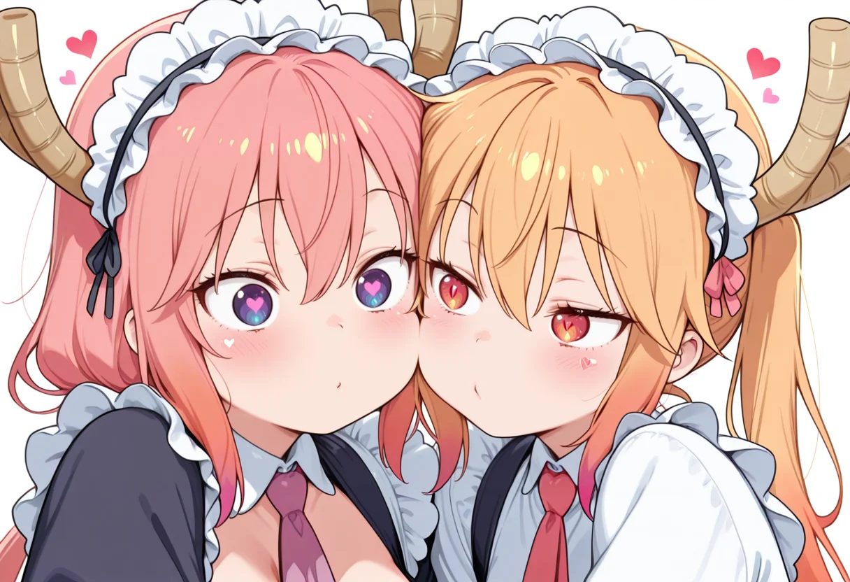 best quality, masterpiece, absurdres, tohru \(maidragon\), CivChan, maid, 2girls, heart, <lora:tohru_maidragon:0.8> <lora:CivChan:1.4>