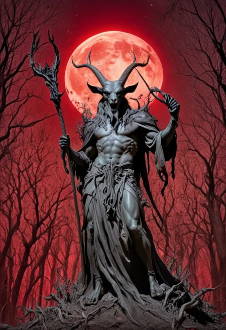 In a clearing surrounded by tall ancient oaks, the dark mage Baphomet, Satan's goat, raises his staff, carved from a twisted branch, towards the blood-red harvest moon. Dark energy pulses from the staff, twisting through the air. His smirk reveals sharp teeth.
450 dpi, 4K resolution, alcohol ink splatter, perfectly calibrated composition, rule of thirds
