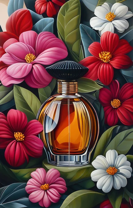 masterpiece,best quality,<lora:tbh205-sdxl:0.9>,illustration,style of Catherine Abel A bottle of perfume in garden