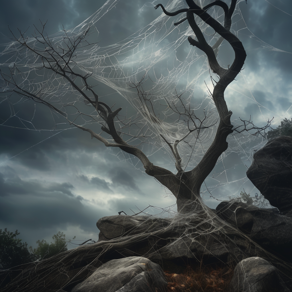 spiderweb old crooked tree on a rock entwined with cobwebs, cloudy sky, dark sinister atmosphere, cinematic, photorealistic very detailed, professional photo <lora:spiderweb:1>