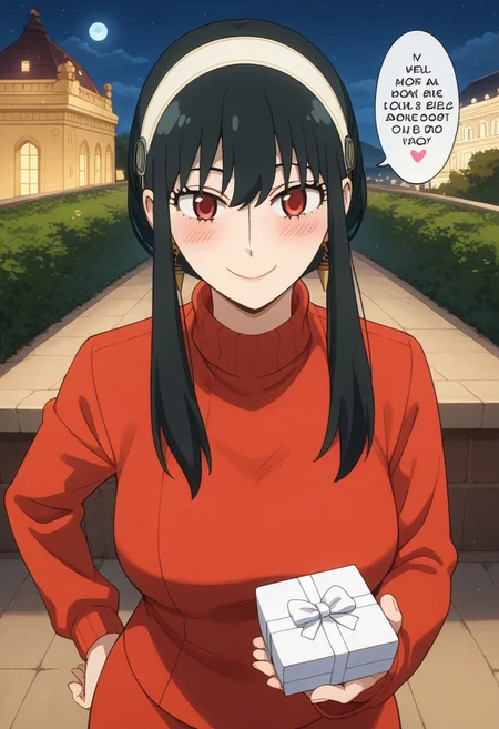 score_9, score_8_up, score_7_up, source_anime,
BREAK,
happy and in love, gentle smile, looking at viewer, Expressiveh, yor briar, black hair, red eyes, sidelocks, hairband, short hair with long locks, white hairband, medium breasts, dress, long sleeves, red sweater, sweater, sweater dress, 1girl, solo, wide hips, blush, text bubble, hearts,
standing, standing straight, one hand on hip, upper body, portrait, holding a heart-shaped gift box, from above,
night, in a luxurious palace rooftop near the beach, outdoors,