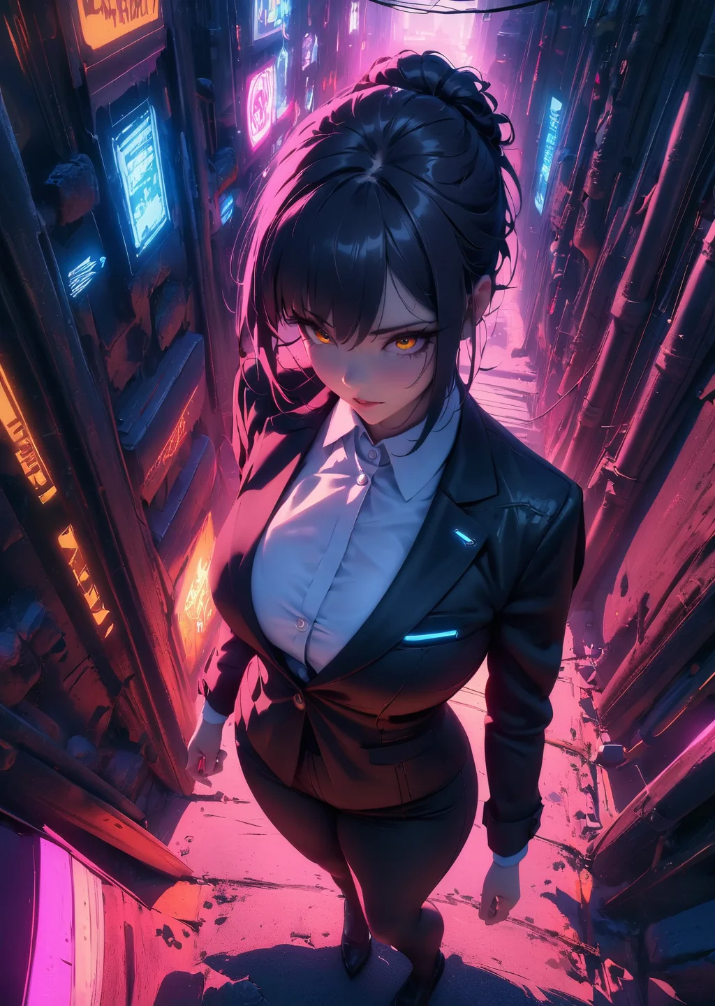 masterpiece, best quality, very aesthetic, absurdres
wlop miimalism
cinematic lighting
1girl, aged up
walking in the alley black suit white collar shirt
perspective from above
cyberpunk, neon