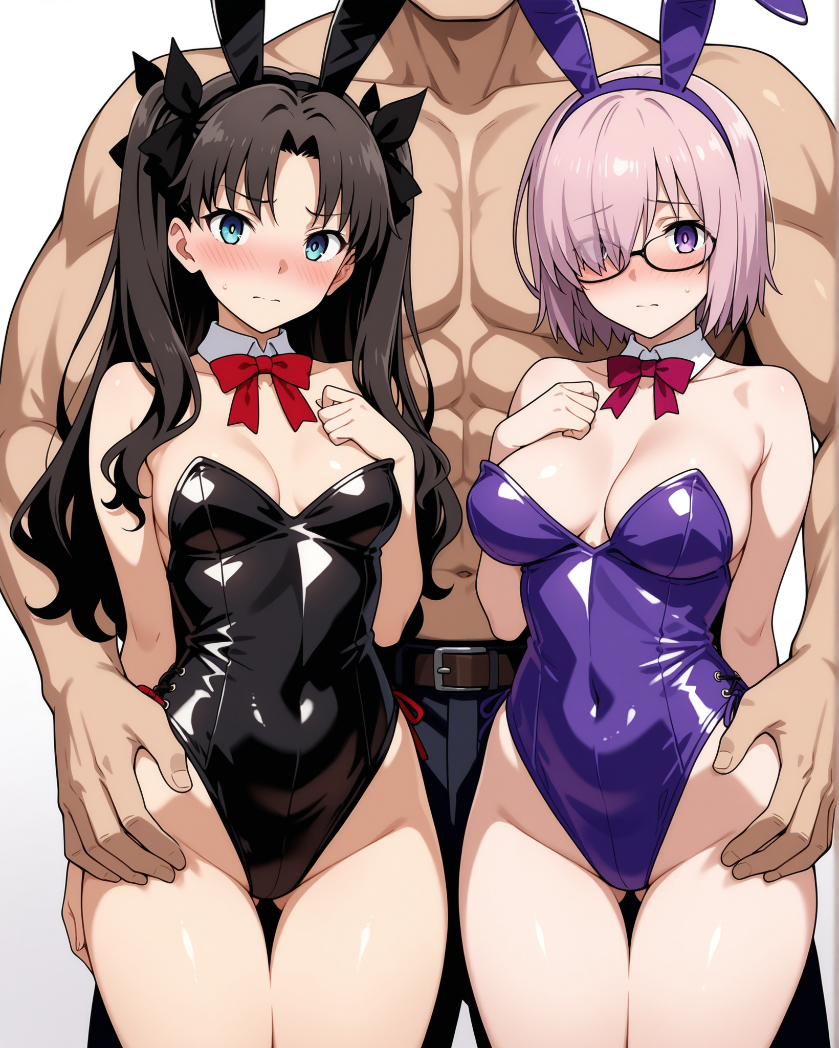 masterpiece, best quality, 2girls, 1boy, looking at viewer, tohsaka rin, mash kyrielight, looking at viewer, blush, leotard, playboy bunny cosplay, fake bunny ears, faceless male, size difference, male face out of frame, standing, medium breasts, perky breasts, collarbone, choker, netorare, cheating (relationship), simple background, thigh gap, 2girls1boy, Girl_Sandwich, hand on another's ass, <lora:Girl_Sandwich_2girls_1boy_Illustrious:1>,