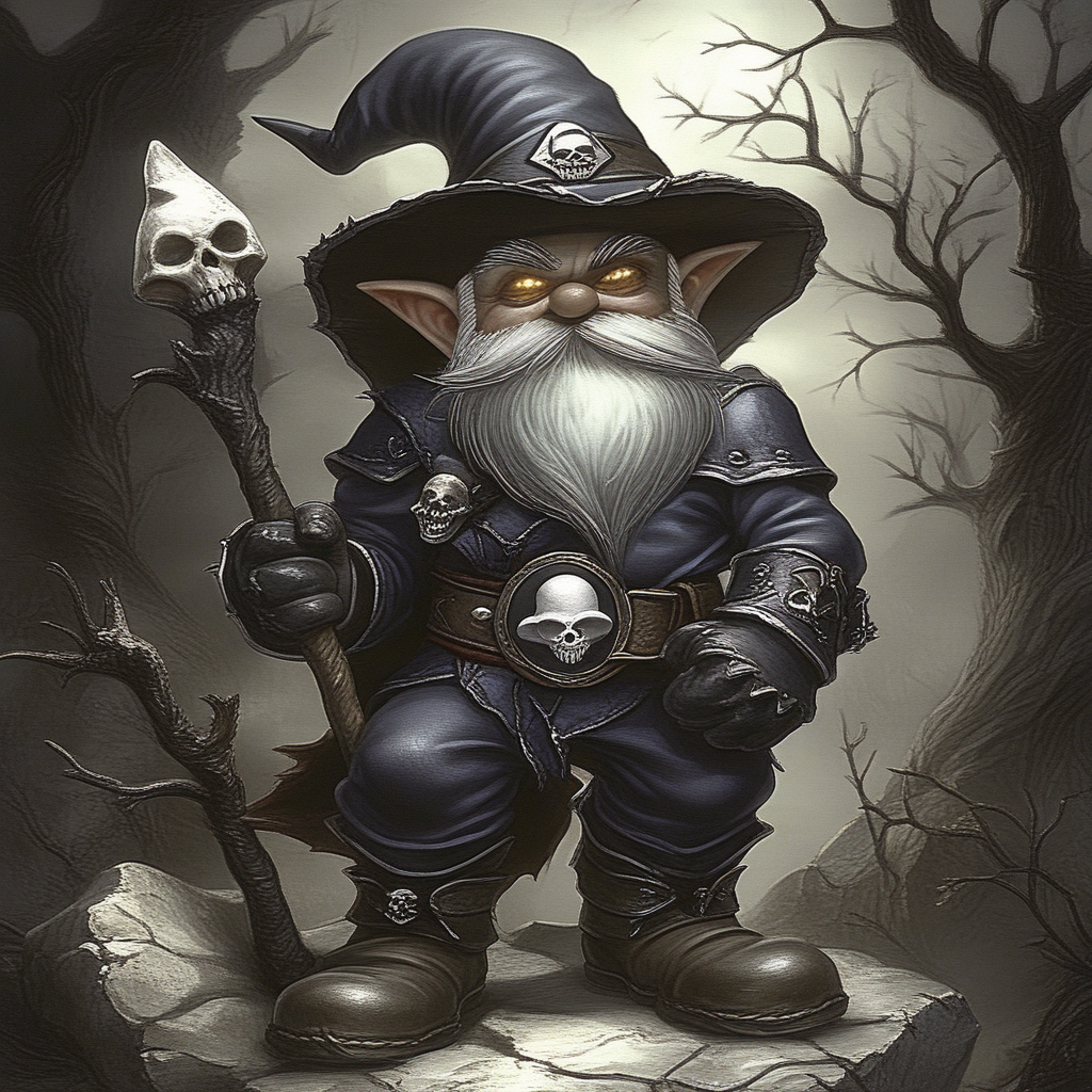 ArsMJStyle, dnddarkestfantasy,  Gnome, The image is a digital illustration of a gnome sitting on a rock in a dark and eerie forest. The gnome has a long white beard and a pointed hat with a skull and crossbones emblem on it. He is holding a large axe in his right hand and has a menacing expression on his face. The background is filled with dark and ominous foliage with a hint of smoke and fog. The overall mood of the image is dark and foreboding., hat, 1boy, facial hair, solo, male focus, beard, witch hat, staff, pointy ears, skull, belt, glowing, holding, white hair, glowing eyes, cape, wizard, boots, mushroom, old man, standing, gloves, wizard hat, old, mustache, rock, tree, dnddarkestfantasy