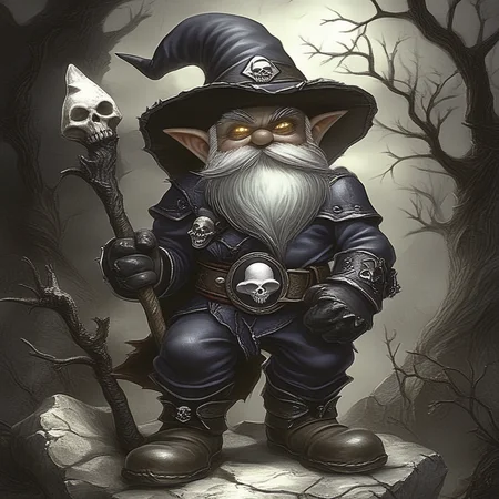 ArsMJStyle, dnddarkestfantasy, Gnome, The image is a digital illustration of a gnome sitting on a rock in a dark and eerie forest. The gnome has a long white beard and a pointed hat with a skull and crossbones emblem on it. He is holding a large axe in his right hand and has a menacing expression on his face. The background is filled with dark and ominous foliage with a hint of smoke and fog. The overall mood of the image is dark and foreboding., hat, 1boy, facial hair, solo, male focus, beard, witch hat, staff, pointy ears, skull, belt, glowing, holding, white hair, glowing eyes, cape, wizard, boots, mushroom, old man, standing, gloves, wizard hat, old, mustache, rock, tree, dnddarkestfantasy