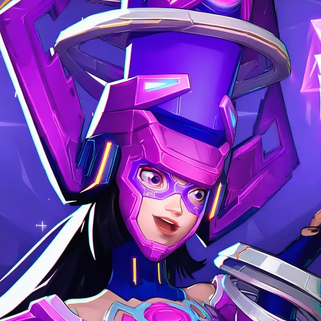 galacta, 1girl, long sleeves, purple eye mask, bare shoulders, silver rings around wrist, long purple helmet, blue fingerless gloves, Galacta, purple bodysuit, purple eyes, long black hair, long boots
