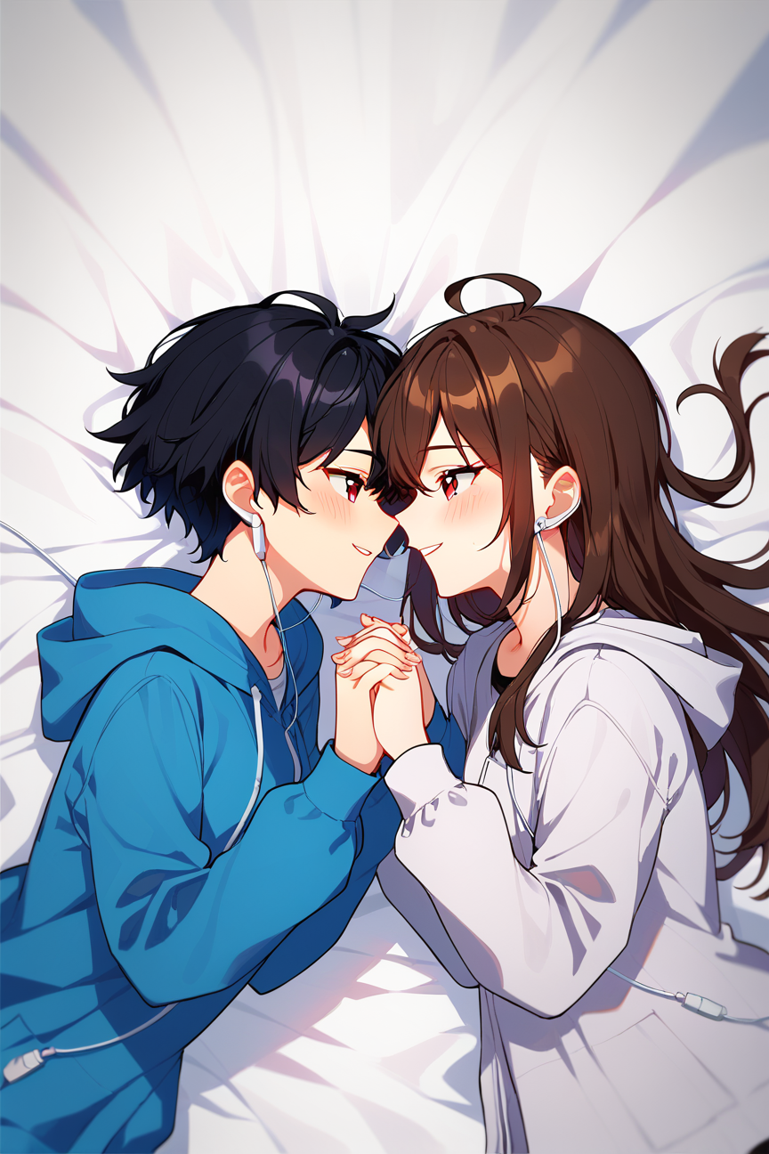 score_9, score_8_up, score_7_up, uncensored,good fingers, five fingers, best quality, high quality,multiple girls, 2girls, yuri, long hair, earphones, short hair, looking at another, red eyes, blush, earbuds, interlocked fingers, hood, hoodie, brown hair, purple eyes, eye contact, sheet music, black hair, upper body, blue hoodie, face-to-face, holding hands, girls holding hands,<lora:Holding_hands_concept_Pony:1>