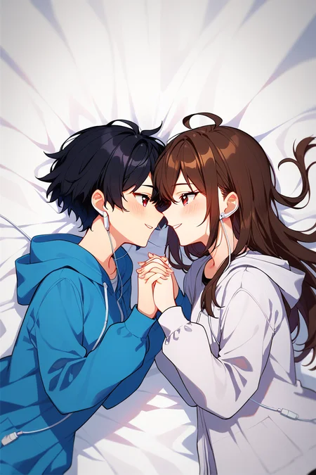 score_9, score_8_up, score_7_up, uncensored,good fingers, five fingers, best quality, high quality,multiple girls, 2girls, yuri, long hair, earphones, short hair, looking at another, red eyes, blush, earbuds, interlocked fingers, hood, hoodie, brown hair, purple eyes, eye contact, sheet music, black hair, upper body, blue hoodie, face-to-face, holding hands, girls holding hands,<lora:Holding_hands_concept_Pony:1>