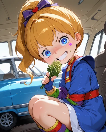 IllusP0s, PonyScores7, source_anime, ah1, IllustriousQual, interesting, exciting, spectacular, wonderful,
BREAK (Eye-level angle, (from side), focus on knees),
BREAK 1girl, <lora:Rainbow Brite Illustrious 1:0.6>, Rainbow Brite, Starlight, A white horse with a rainbow mane, <lora:shinyskin2:0.2>, glistening skin,
BREAK  (blonde hair), long hair, hair bow, updo ponytail, <lora:hairdetailpxl:0.2>, hairdetailpxl,
BREAK (blue eyes), <lora:expressive eyes:0.2>, expressive eyes, <lora:eyedetailpxl:0.2>, eyedetailpxl, <lora:Eyes_High_Definition:0.2>, EyesHD,
BREAK ((angry, v-shaped eyebrows, crazy smile, crazy eyes, malice, wrapped smile, shaded face)), <lora:Expressive_H:0.2>, Expressiveh, <lora:Emotional_Anime_Expressions_PonyXL_Concept:0.2>, emotional, <lora:Best_Facial_Expression_LoRA_PONY:0.2>, looking at viewer, <lora:Detailed expressive EXEV style -XL Pony V1.0:0.2>, FaceDetail,
BREAK ((eating Fennel)),
BREAK (Choker, Fingerless Gloves, rainbow Leg Warmers, multicolored dress, harness, belt, boots, rainbow sleeves, bubble sleeves),
BREAK (((a vibrant car show, with sleek classic cars, modern decor, energetic vibe, trendy seating, and dynamic decorations))),
BREAK <lora:xl_more_art-full_v1:0.2>, <lora:aesthetic_anime_v1s:0.2>, <lora:EpicF4nta5yXL:0.2>, <lora:detailxl:0.2>, detailxl, <lora:Fant5yP0ny:0.2>, best quality, amazing quality, best aesthetic, absurdres, illustration, Volumetric_Lighting, ultra-detailed, very aesthetic, intricate details, 8k, masterpiece, best_quality
BREAK Stable_Yogis_PDXL_Positives, AS-Adult, <lora:Complicated fantasy portrait - XL Pony V2.0:0.2>, bad-hands-5, <lora:HDA_Detailer:0.3>,