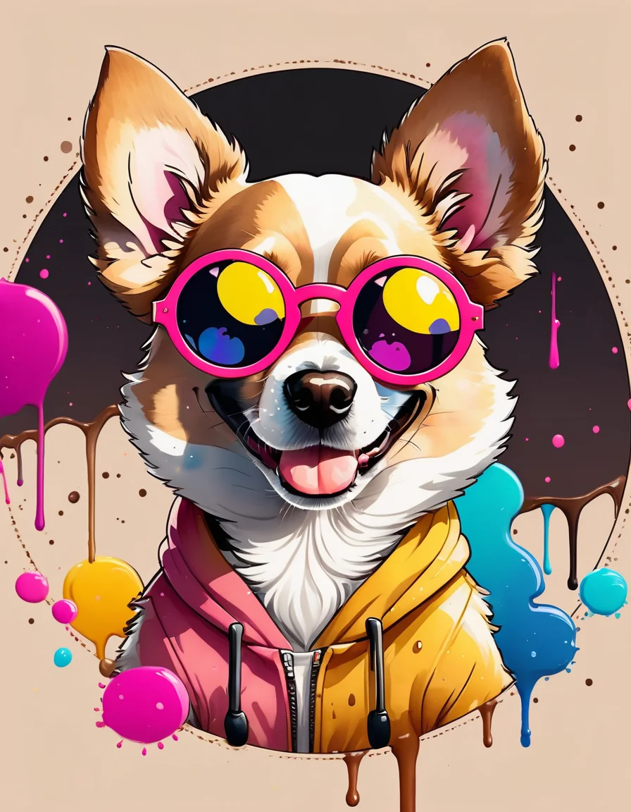 Cute dog wearing large sunglasses, looking to camera, in a circle, colorful, ink drops, ink circles, coffee stains, digital art, 8k, kawaii <lora:FaeStyle:1>