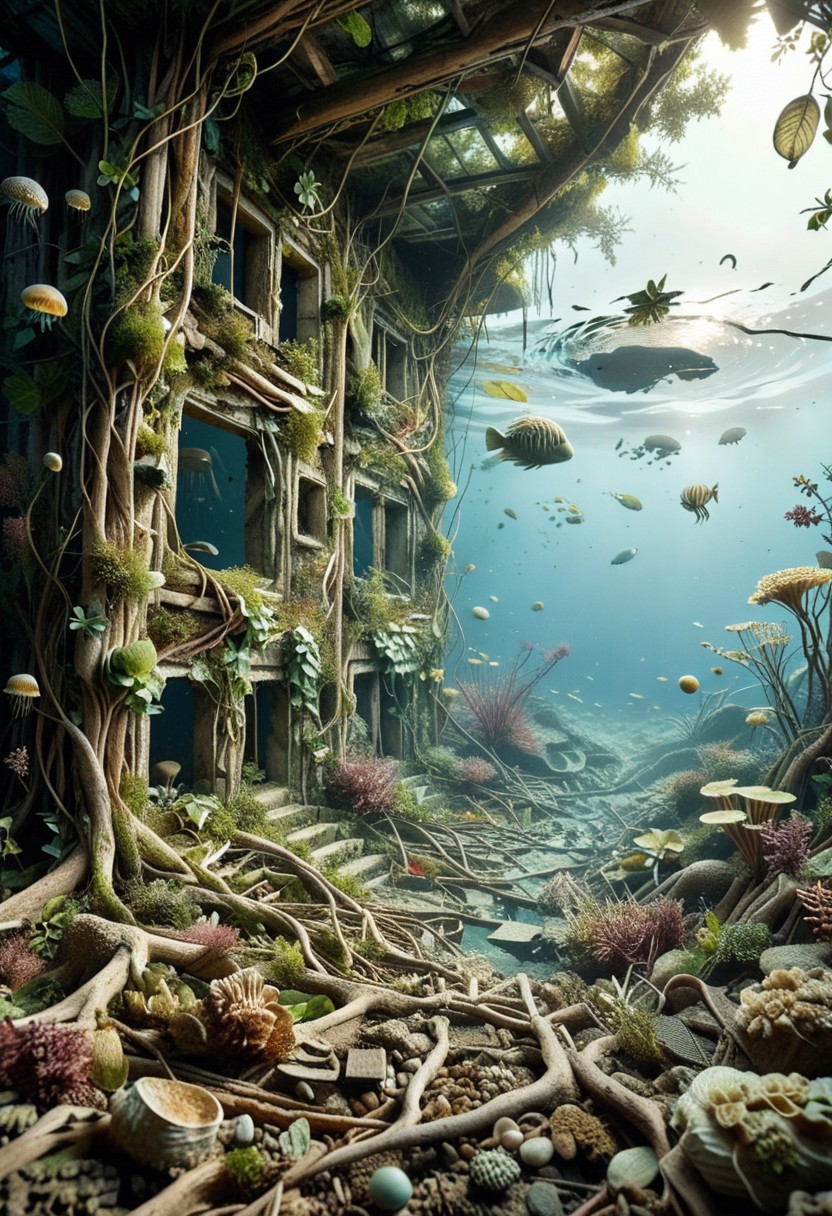 embedding:lazyup7, foliage-and-roots, green jellyfish, underwater, ruins, still life