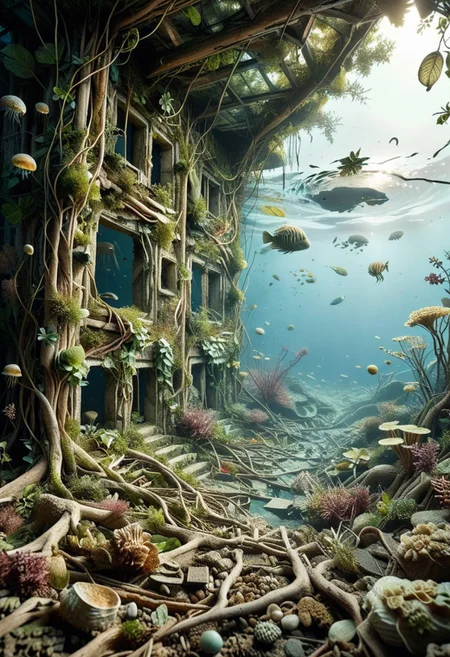 embedding:lazyup7, foliage-and-roots, green jellyfish, underwater, ruins, still life