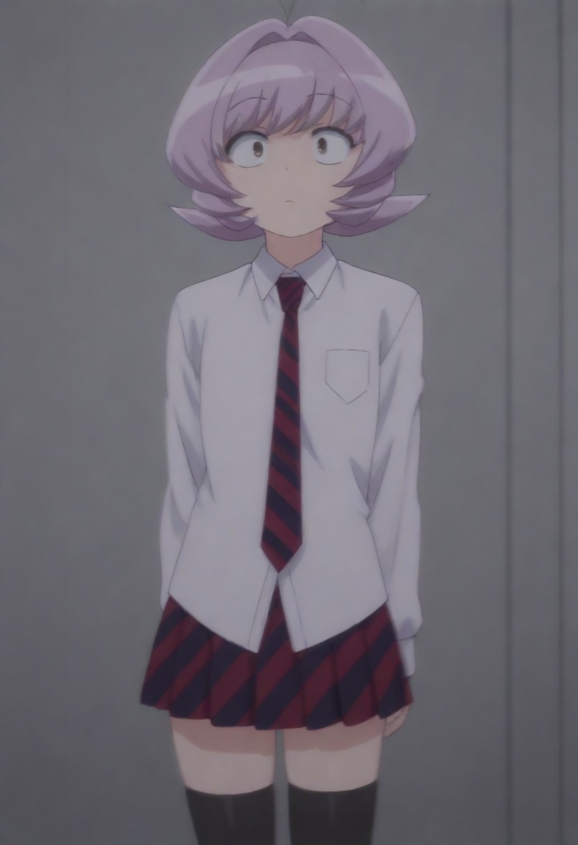 masterpiece, best quality, amazing quality,,, shiny skin,,,,,<lora:Osana_Najimi_cnn:0.8> osananajimicnn,,short hair, brown eyes,androgynous, light purple hair, school uniform, white shirt, striped necktie,striped skirt, pleated skirt,black thighhighs,
