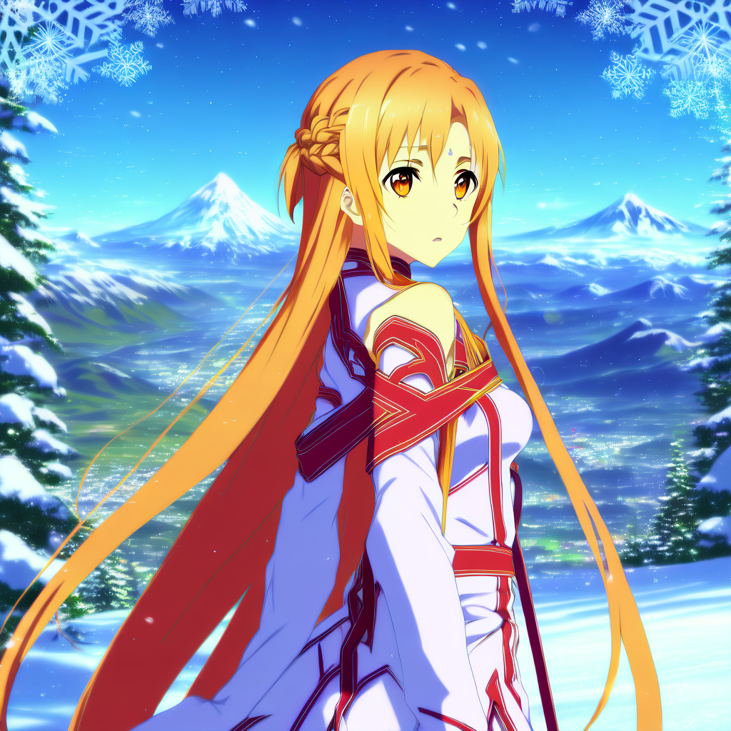 ((asuna)), ((masterpiece)), highres, asuna \(sao\), crown braid, light orange hair, looking at viewer, mountain, dutch-angle, snow, snowflakes
