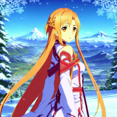 ((asuna)), ((masterpiece)), highres, asuna \(sao\), crown braid, light orange hair, looking at viewer, mountain, dutch-angle, snow, snowflakes