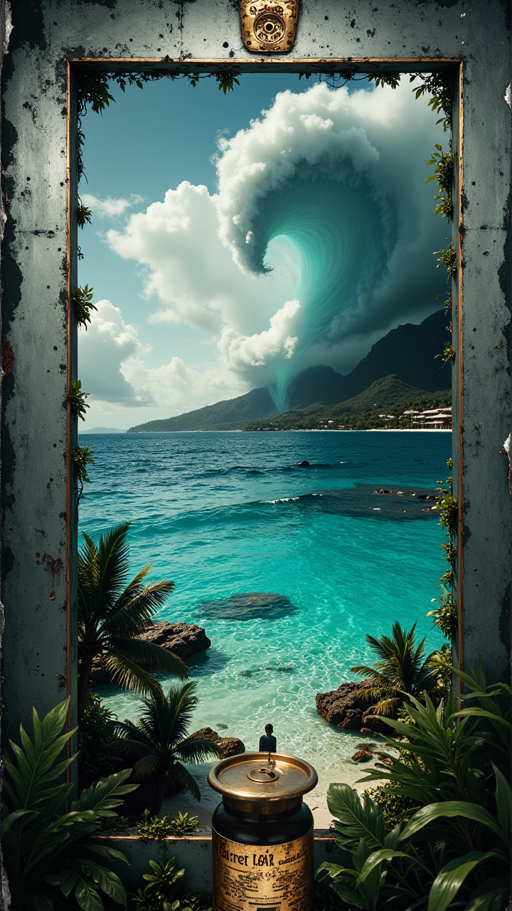 concept art, landscape of a 1950'S Alhambresque Bora Bora, Hurricane, Rule of Thirds, with Text"Secret Lab FLUX LORA"  silver Frame, gold Object