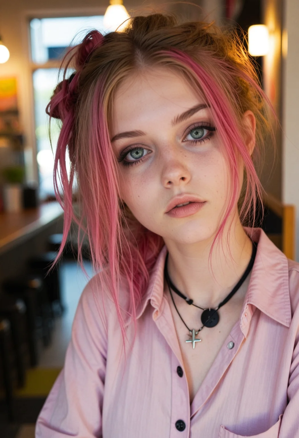 Avant-garde portrait photography portraying slim swiss 1girl, 23yo, with sultry light green eyes and narrow lips with a soft smile. She has tousled red hair styled into a fantasy hairstyle with dark roots and goth makeup featuring hues of glittery pastel pink and glamorous eyeshadow as well as lip stain. She is wearing a cute linen button down blouse with net-inlays, further accessorized by a lariat necklace as well as ear cuff earrings. Set inside an in an eclectic scifi-cafe inspired by 2010s emo-scene aesthetics, on a sunny dusk in summer. With soft split lighting, realistic, bokeh, best quality <lora:dmd2_sdxl_4step_lora>
