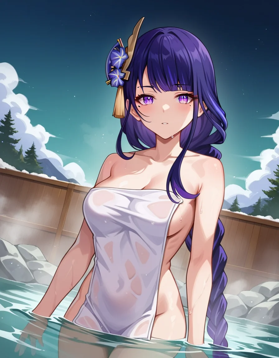 score_9, score_8_up, score_7_up, source_anime,
raidenshogun, <lora:raiden-shogun-ingame-ponyxl-lora-nochekaiser:1>,
raiden shogun, braid, braided ponytail, hair flower, hair ornament, long hair, mole, mole under eye, purple eyes, purple flower, purple hair, single braid, sidelocks,
nude, naked,
outdoors, onsen, towel, naked towel, steam, bathing, nude cover, partially submerged, water, bath, steam censor, wet towel,
looking at viewer, cowboy shot, dutch angle,