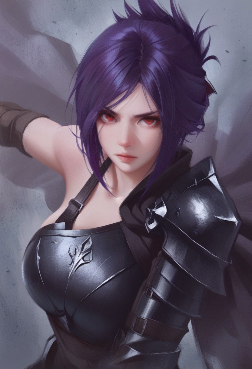 best quality, masterpiece, sfw,
n0m0, watercolor, lldn, detailed drawing,
close-up shot, view from aside, 
solo, holding sword, dynamic fighting pose,
1girl, 
sabia, human, purple hair, red eyes, folded ponytail,
armor, single shoulder armor, cape, single bare shoulder, clothed,
large breasts,  
looking at viewer, closed mouth,