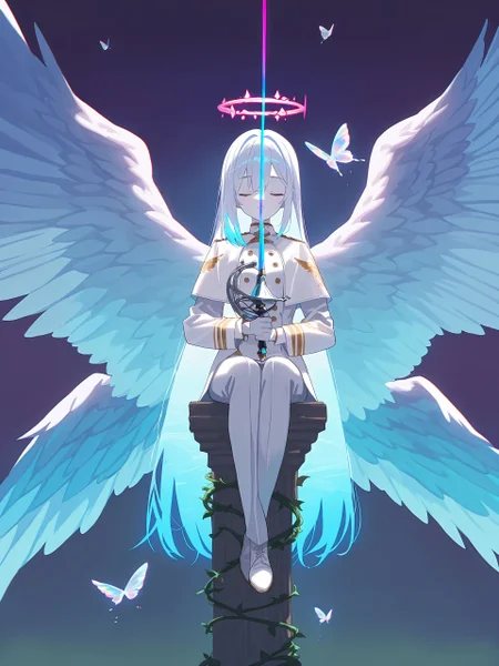 anime screencap, <lora:Konosuba_Anime_Style_IllustriousXL-000009:0.8>,
<lora:nai_ILL:0.8>,
<lora:Glowing_Spot_Color_-_Illustrious:0.6>, glowing eyes, streaked hair, glowing inner hair, glowing streaks,
1girl,glowing,one glowing_halo behind girl,colorful,holy,seraph,(too many feathered_wings),musician costume,white tuxedo,musician,chromatic aberration aesthetic,white skin,closed eyes,holding white_cello,holding rapier_sword,white hair,beautiful detailed face,expressionless,sitting on pillar,glowing halo,halo behind girl,rainbow,(transparent butterfly),glowing_butterfly,transparent wings,vines,vines on pillar,
masterpiece,best quality,8K,original,chromatic aberration,(film grain),Vaporwave style,(Vaporwave background),detailed background,close-up,