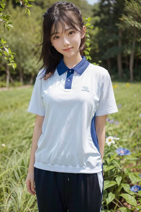 (4k, best quality), (realistic, photo-realistic),(vgirl),
1girl, solo,upper body, (facing viewer),close-up,
perfect hands,(looking_at_viewer),(smile),
in (white shirt with blue collar, black sweatpant),
nature, on_grass,flower_field,forest, <lora:vgirl_v11:0.7> ,<lora:ShenzhenUniform_v10:0.45>