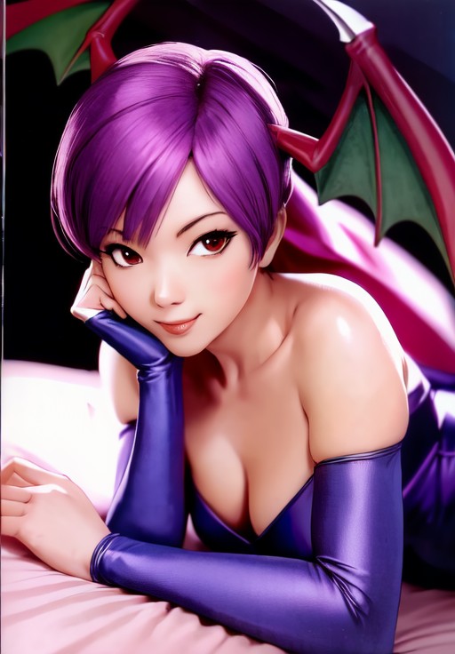 sfw, <lora:darkstalkers_lilith:0.8>, darkstalkers_lilith, seductive smile, lay on bed, (seductive, alluring, charming:1.3), seductive, (ultra-high res, high details, absurdres:1.3)