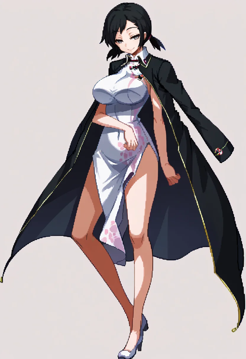 score_9, score_8_up, score_7_up, source_anime, BREAK, solo, 1girl, smile, looking at viewer, <lora:Under-Night-In-Birth-Sprites-pdxl_Fp:1>, simple background, full body, standing, <lora:kanno_fumi-koto-PonyXL 2:1>, FuSu, black hair low twintails,short twintails, grey eyes, FuCi, black hair, jacket on shoulders, low twintails,short twintails,white china dress, grey eyes, huge breasts,