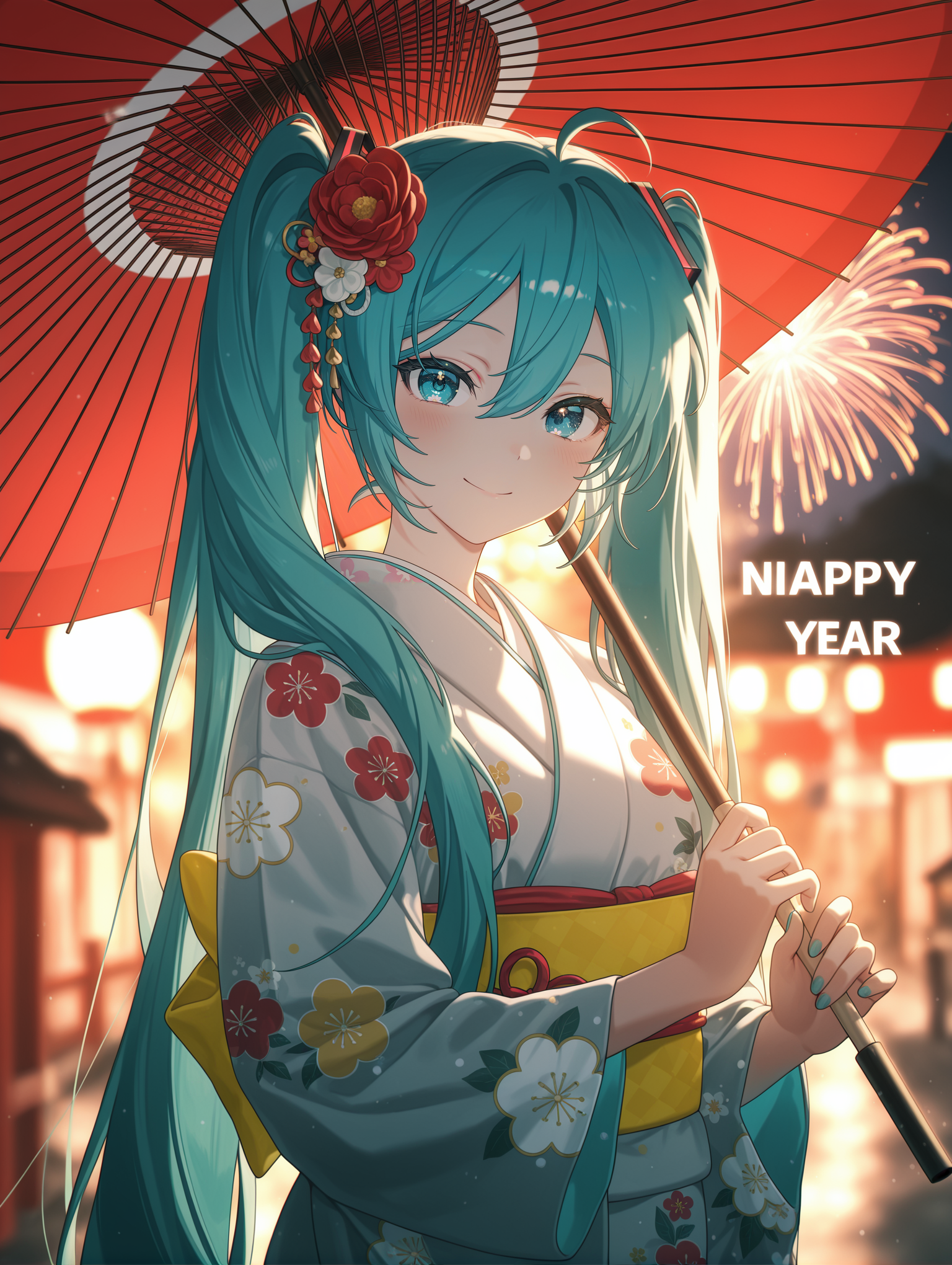 1girl, hatsune miku, umbrella, solo, japanese clothes, kimono, holding umbrella, fireworks, holding, backlighting, happy new year, oil-paper umbrella, looking at viewer, long hair, new year, blurry, hair ornament, blurry background, floral print, smile, twintails, sash, outdoors, ahoge, flower, hair between eyes, konya karasue, 
,masterpiece,best quality,amazing quality,