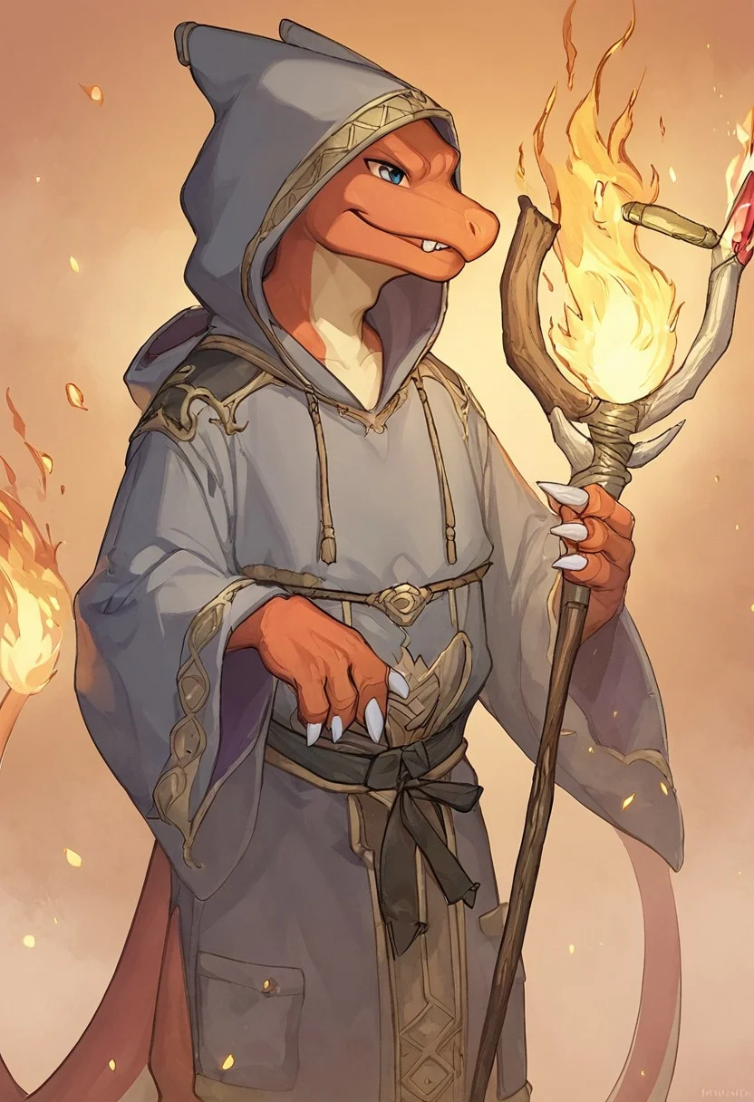 1boy, solo, score_9, score, score_7_up, source_hidari, Charmeleon, anthro, hood, wizard, grey robe, staff, flames,