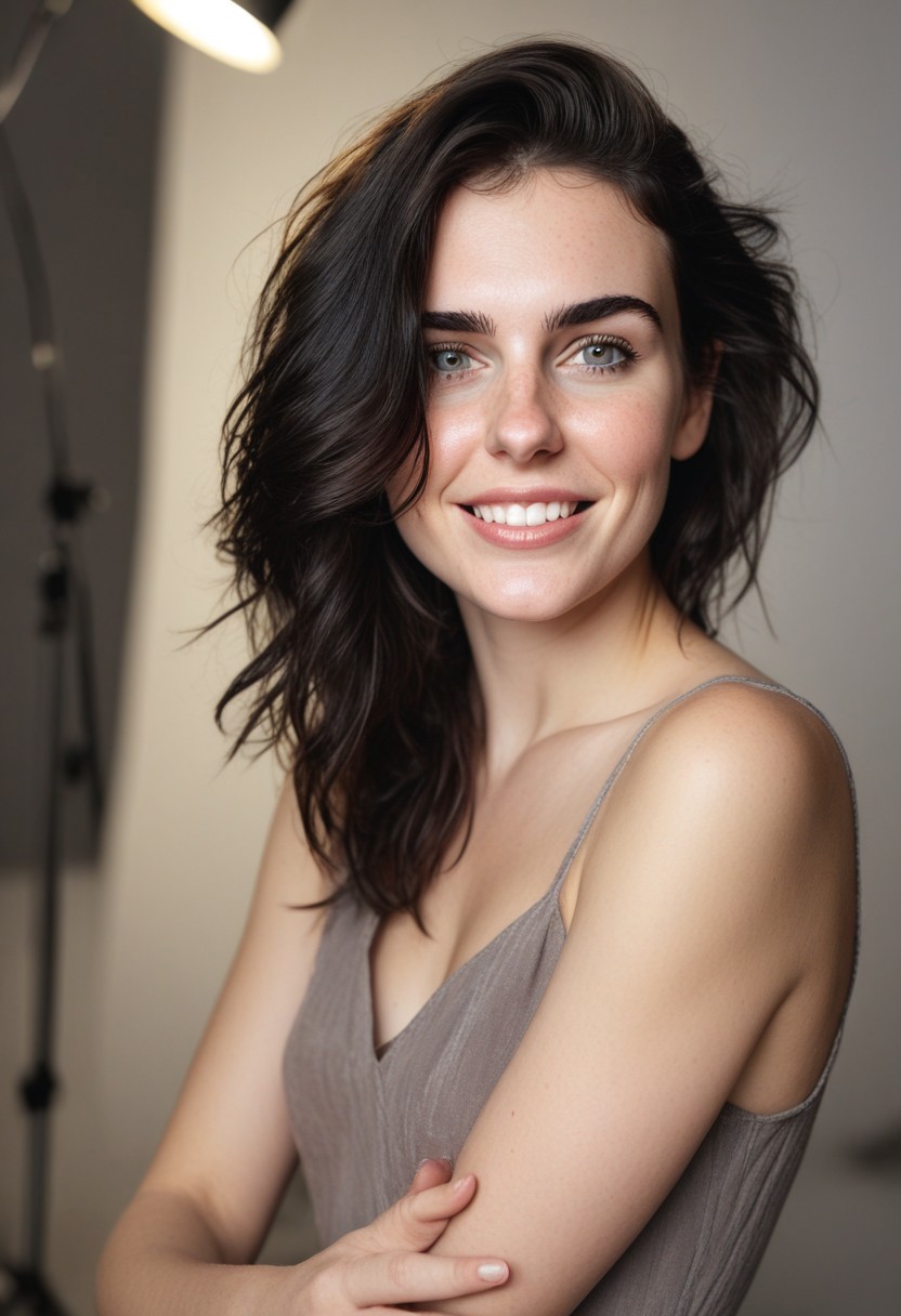 30yo american woman in a photostudio
Modeling High cut, high Quality Dress.
Slight makeup, heavy rimmel. Clear skin.  realistic skin style
Black dark Long messy stylish hair. 
Shooting light, indors, cable light
Studio background.
Smiling, with mouth closed. Smirk.
Bokeh. Heavy Bokeh light.
Tilt head, hand on hair. Shy.