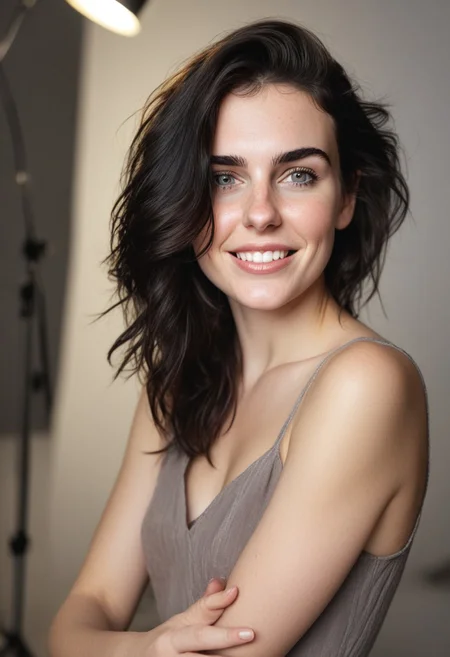 30yo american woman in a photostudio
Modeling High cut, high Quality Dress.
Slight makeup, heavy rimmel. Clear skin.  realistic skin style
Black dark Long messy stylish hair. 
Shooting light, indors, cable light
Studio background.
Smiling, with mouth closed. Smirk.
Bokeh. Heavy Bokeh light.
Tilt head, hand on hair. Shy.