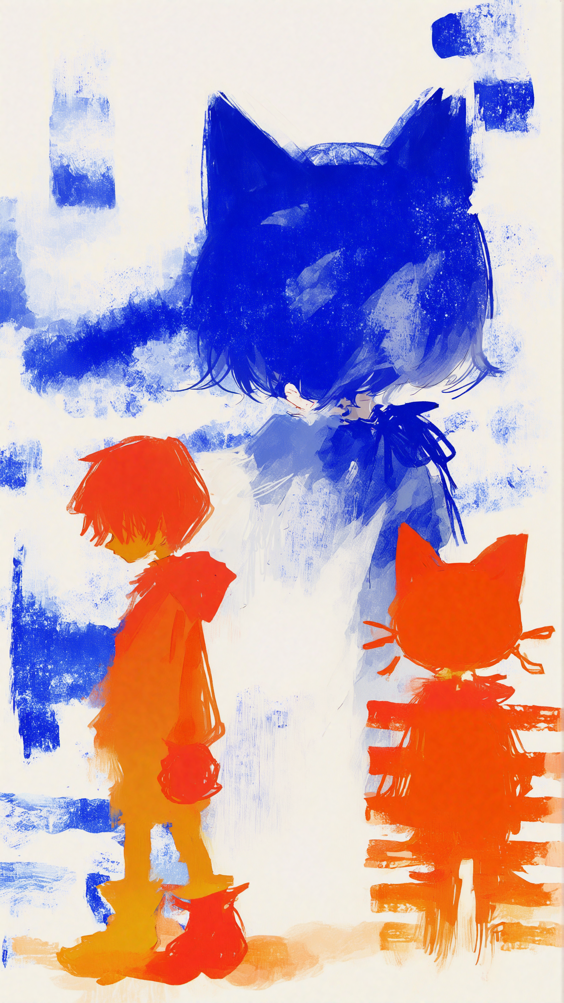 masterpiece, newest,absurdres,incredibly absurdres, best quality, amazing quality, very aesthetic, surreal, blue theme,
1boy, 1woman, small breats, orange silhouette, cat ears, 
 <lora:fuyumur4s4ki_style:1> fuyumur4s4ki_illu  <lora:CHOo_illu:1> CHOo1NE_illu,