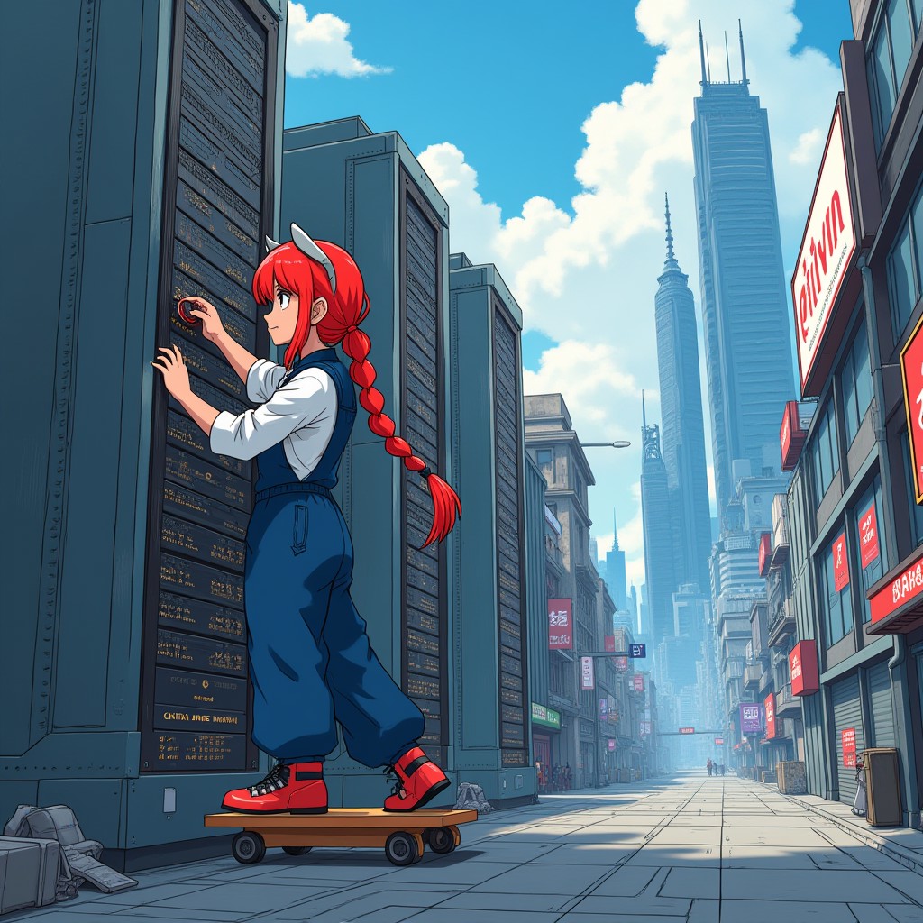 "A futuristic cityscape with a ‘Civitai Under Maintenance’ billboard and a red haired with a single braid female goblin in a blue overalls with a white under shirt works on fixing a giant server using a Movable platform. Text: ‘Maintenance in the City of Tomorrow’." 90s anime style