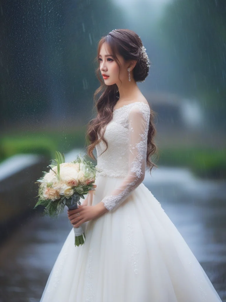masterpiece, best quality, girl, long hair, looking at viewer, rain, wedding dress,<lora:sl_sila:0.8>