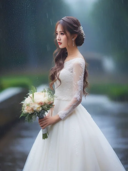 masterpiece, best quality, girl, long hair, looking at viewer, rain, wedding dress,<lora:sl_sila:0.8>