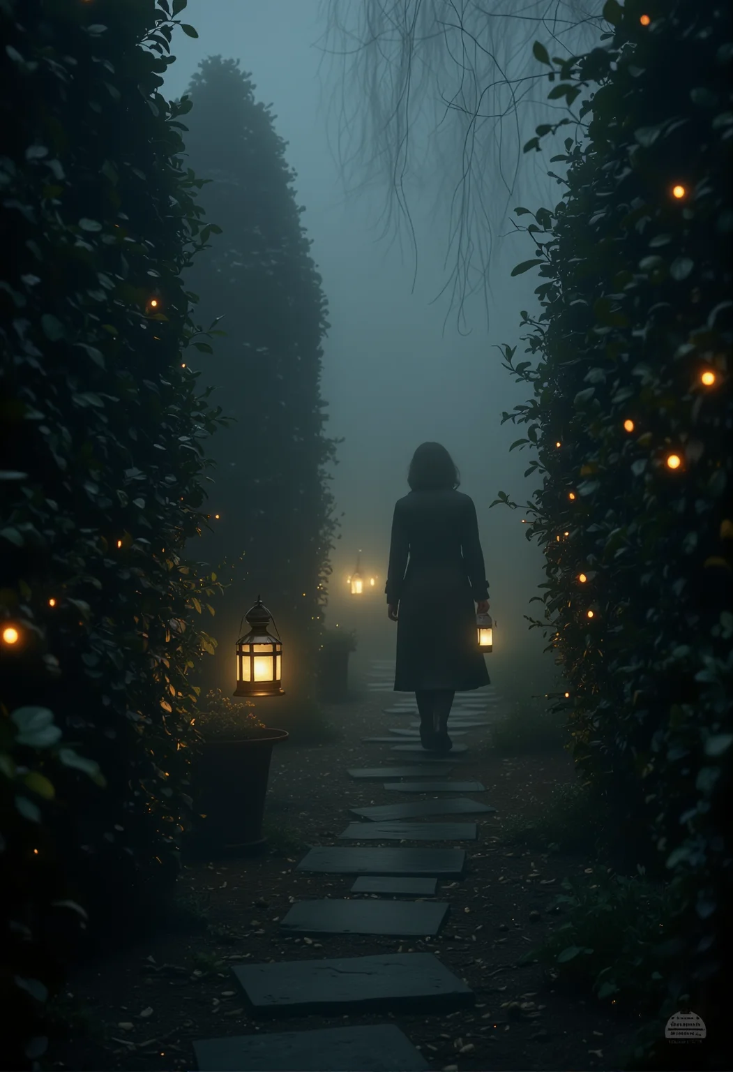 A lone figure walking through a misty garden, holding an old lantern, surrounded by towering hedges, the glow of fireflies accentuating the gloom. bv-daraca<lora:bv-dark-academia-v1.safetensors:1.0:1.0>