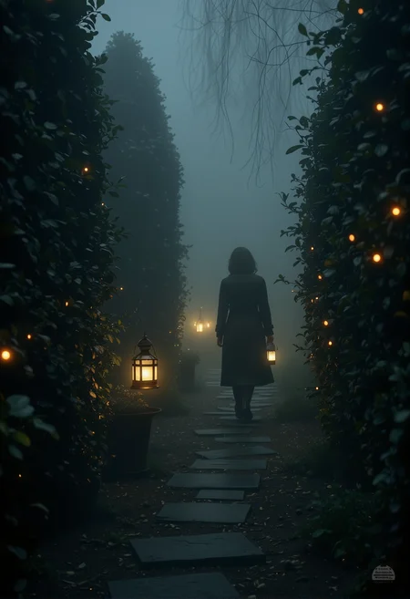 A lone figure walking through a misty garden, holding an old lantern, surrounded by towering hedges, the glow of fireflies accentuating the gloom. bv-daraca<lora:bv-dark-academia-v1.safetensors:1.0:1.0>