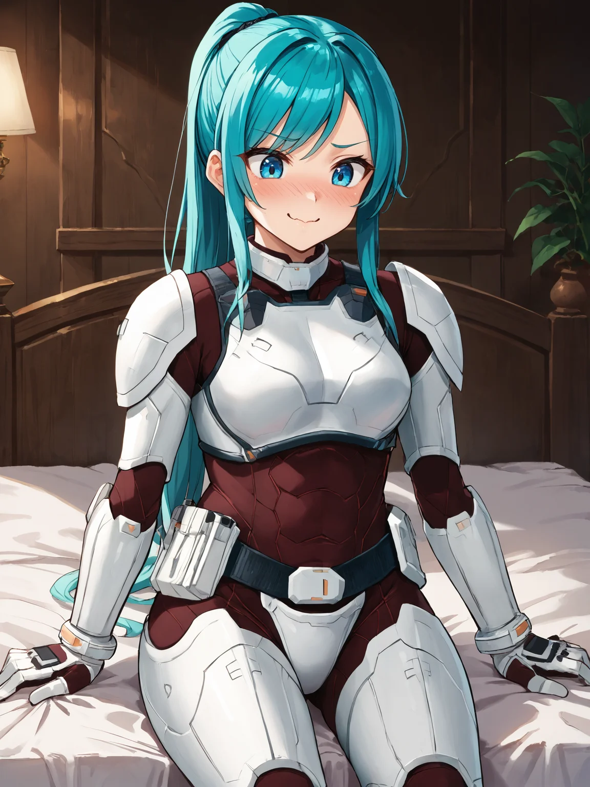 score_9, score_8_up, score_7_up, <lora:offset_0.2:0.1>, <lora:spo_sdxl_10ep_4k-data_lora_webui:1>, BREAK,
1girl, solo, source_anime, BREAK,
terraformarsmoviebodysuit, armored bodysuit, black bodysuit, white armor, boobplate, shoulder pads, wrist guards, black gloves, white gloves, utility belt, belt pouch, hip armor, crotch plate, thigh armor, <lora:Terraformars:1>, BREAK,
swept bangs, aqua hair, sidelocks, long ponytail, blue eyes, straight hair, BREAK,
embarrassed, wavy mouth, smile, full-face blush, looking down, BREAK,
sitting, on bed, hugging self, BREAK,
indoors, bedroom