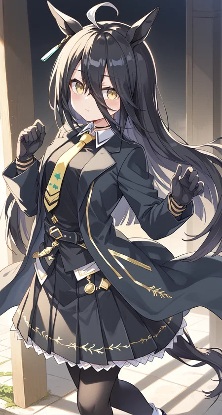 score_9,score_8_up,score_7_up,
official art,official style,game cg,megami magazine,
1girl,
mht race,manhattan cafe (umamusume),
ahoge,animal ears,black gloves,black hair,black jacket,black skirt,
collared shirt,earrings,gloves,hair between eyes,horse ears,horse girl,
jacket,jewelry,long hair,long sleeves,multicolored hair,necktie,shirt,
single earring,skirt,yellow eyes,black coat,black pantyhose,black shirt,
coat,highres,pantyhose,white footwear,yellow necktie,pleated skirt,horse tail,
tail,very long hair,blush,eyes visible through hair,long hair between eyes,eyebrows visible through hair,
standing,
<lora:umamusume_manhattan_cafe_pony_v1:1>,
