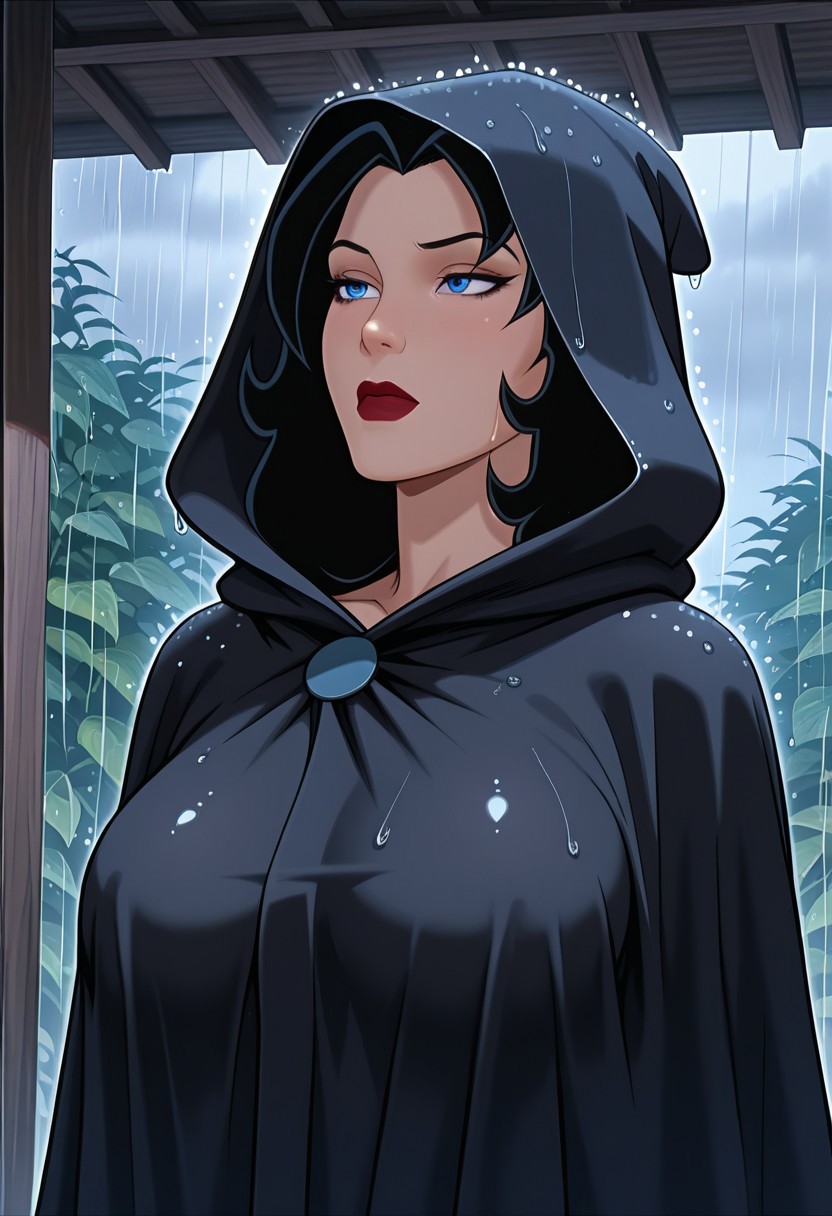 MASTERPIECE, AMAZING QUALITY, JULIE, BLACK HAIR, BLUE EYES, HOOD UP, BODY CLOAK, RAIN,