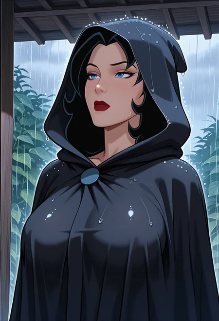 MASTERPIECE, AMAZING QUALITY, JULIE, BLACK HAIR, BLUE EYES, HOOD UP, BODY CLOAK, RAIN,