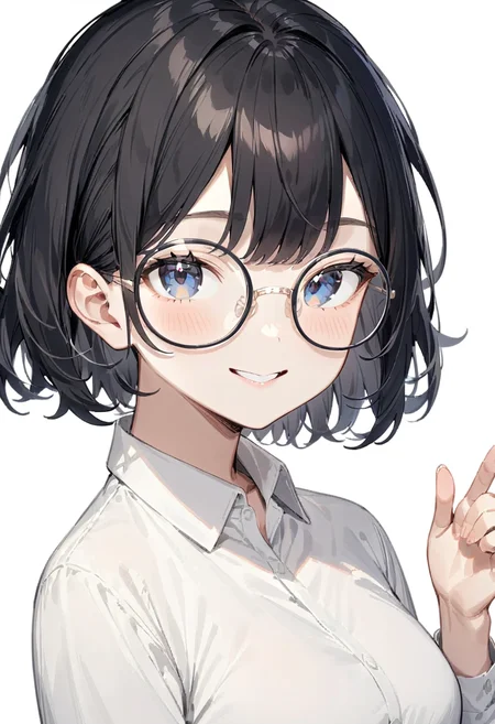 masterpiece, best quality, very aesthetic, absurdres,
1girl, solo, black hair, medium hair, smile, looking at viewer, upper body, collared shirt,
round_glasses22A, black-framed eyewear, 
white background, simple background,
 <lora:round_glasses_metal-frame_SDXL_V1:1>