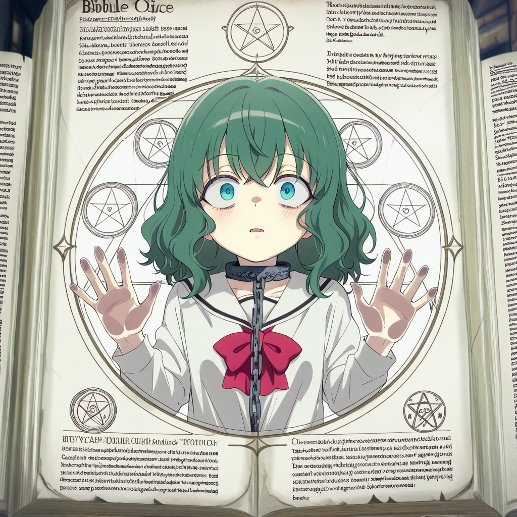 great quality,(almic,akakura,ogipote,dikko:0.7), (sincos:0.6)  ,English Text,,ancient documents,wide eyed,white shirt,School shirt,against glass,hands on glass,green hair,wavy hair,medium hair,red bow,aqua eyes,Bible,Medieval Books,magical circle,chain collar