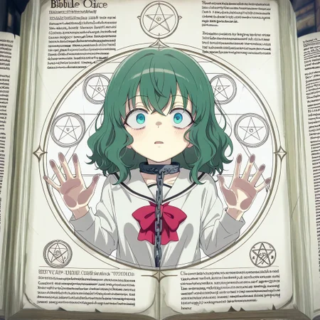 great quality,(almic,akakura,ogipote,dikko:0.7), (sincos:0.6)  ,English Text,,ancient documents,wide eyed,white shirt,School shirt,against glass,hands on glass,green hair,wavy hair,medium hair,red bow,aqua eyes,Bible,Medieval Books,magical circle,chain collar