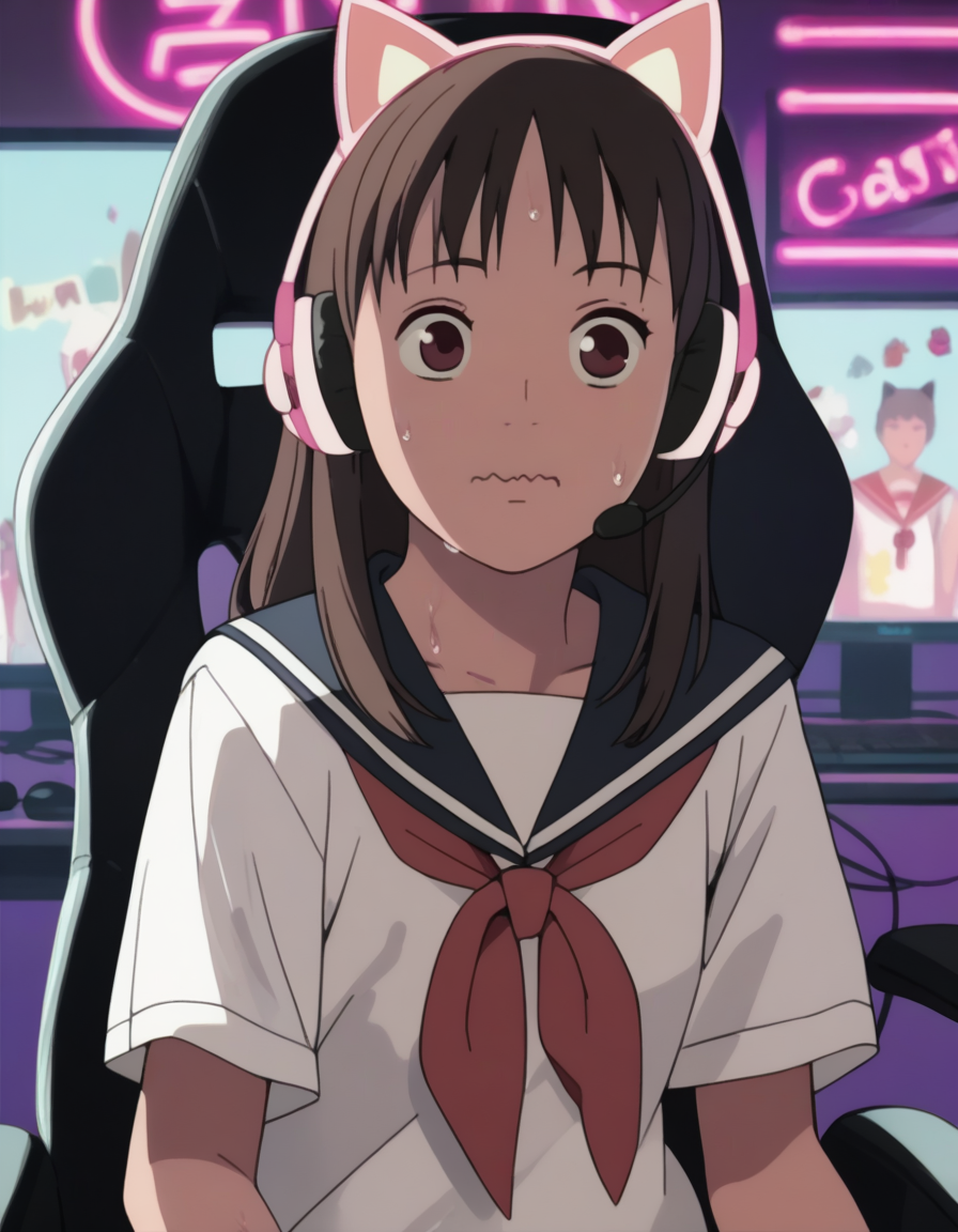 score_9,  score_8_up, score_7_up, source_anime, <lora:izumi-maho-koyuki-ponyxl:1> ishiguroizumi, serafuku,
1girl, headset, gaming chair, cat ear headphones, neon lights, sweat, wavy mouth, monitor
