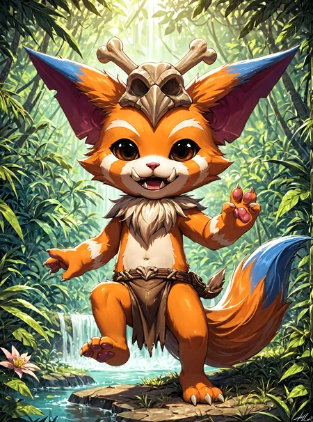 <lora:GnarXL-000045:1> Gnar, yordle, fangs, 3 toes, pawpads BREAK
loincloth BREAK
jungle background BREAK
holding melee weapon, bone, action pose, open mouth, BREAK
masterpiece, best quality, zPDXL3, score_9_up,score_8_up,score_7_up,score_6_up,score_5_up,score_4_up, source_furry, detailed background, absurdres, outstanding, detailed soft lighting, high resolution, 8K, perfect hands, highres, featured digital artwork artstationâââ